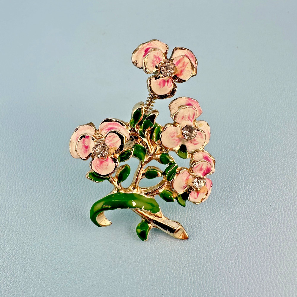 Vintage Enamel Rhinestone Trembler Flower Brooch Pin Pink Green Gold Tone Jiggle