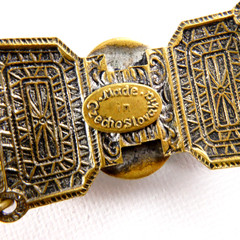 Vintage Czech Ornate Brass Tone Bracelet Filigree Links Peking Glass Cabochons