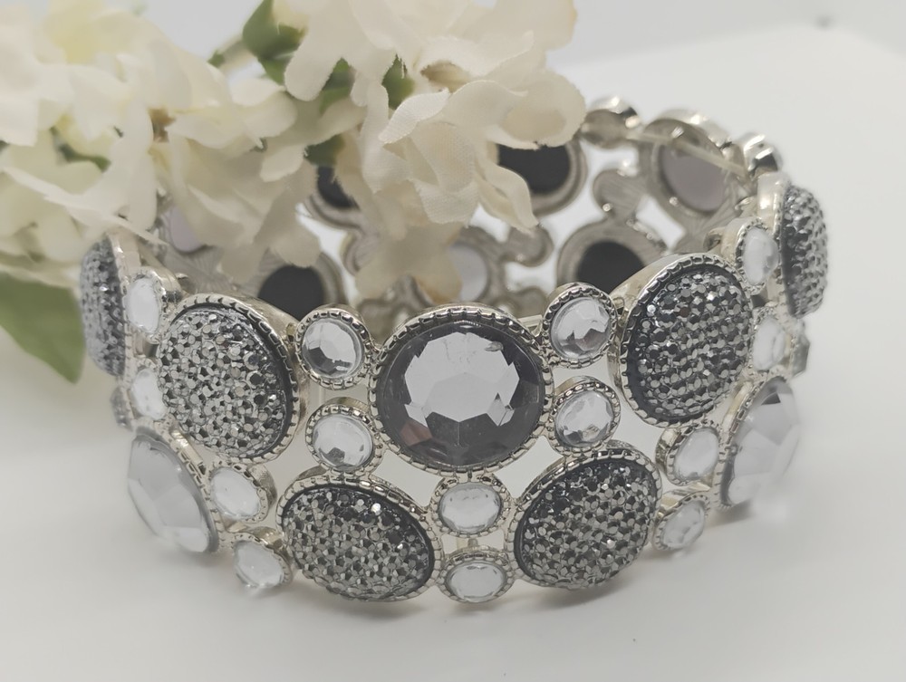 Bracelet Expandable 2 Rows Silver Color Faceted Beads Clear Rhinestones