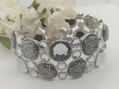 Bracelet Expandable 2 Rows Silver Color Faceted Beads Clear Rhinestones