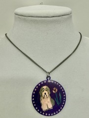 Hand Painted Dog Portrait Metal Pendant Necklace Purple Folk Art OOAK 2 Inch