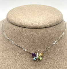 Ross Simons 925 Sterling Silver Multi Gemstone Butterfly pendant necklace 15″