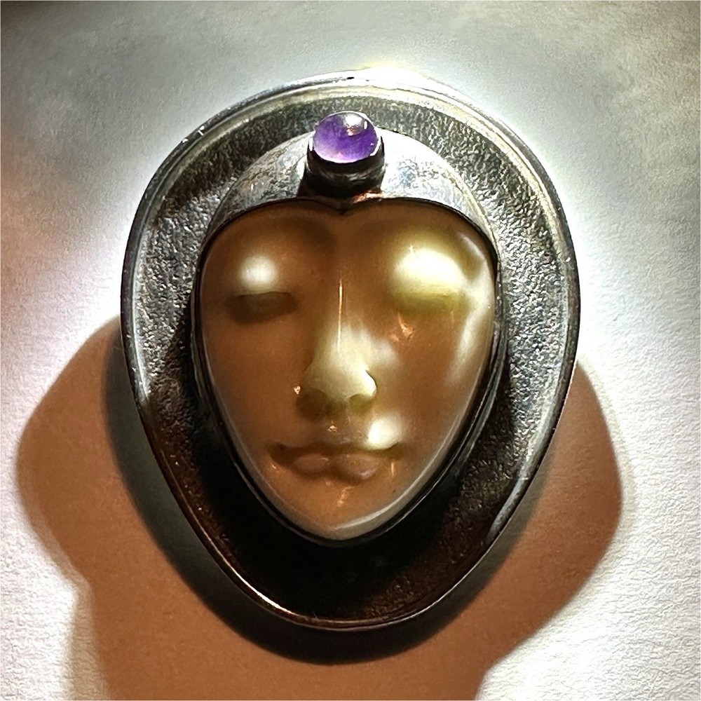 925 Sterling Silver Teardrop Cameo Face Amethyst Bone Cabochon Brooch Pin 2 Inch