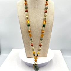 Vintage Earth Tone Mixed Stone Beaded Statement Necklace with Large Pendant