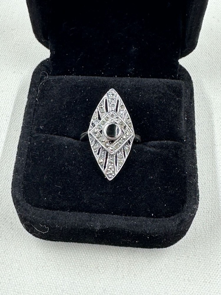 Antique Art Deco 1920s Revival Marquise Black Onyx and Marcasite Sterling Silver