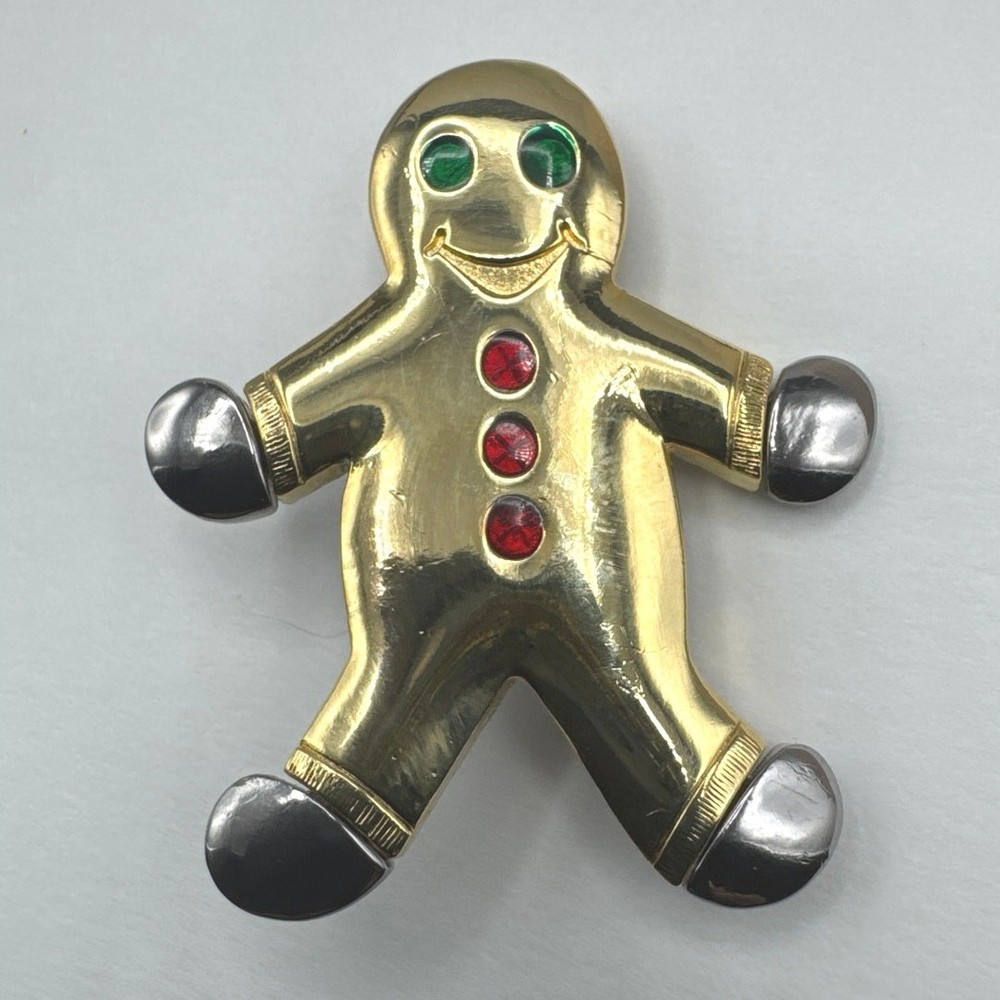 Vintage Gingerbread Man Signed Liz Claiborne Christmas Pin Brooch Gold Tone