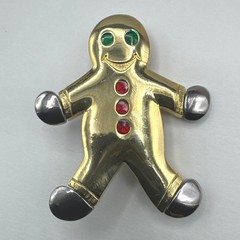 Vintage Gingerbread Man Signed Liz Claiborne Christmas Pin Brooch Gold Tone