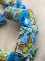 Vintage Blue Polymer Clay Barrel Beads Butterfly Floral Printed Design Necklace