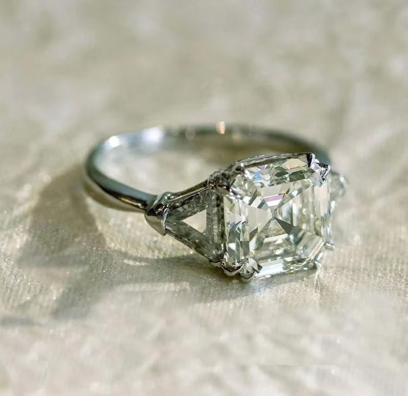 Trilogy Asscher Lab Created Diamond Three-Stone 14K White Gold FN Wedding Ring