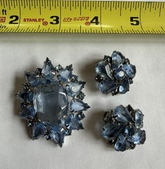Vintage Blue Rhinestone Brooch and Clip-On Earrings Set