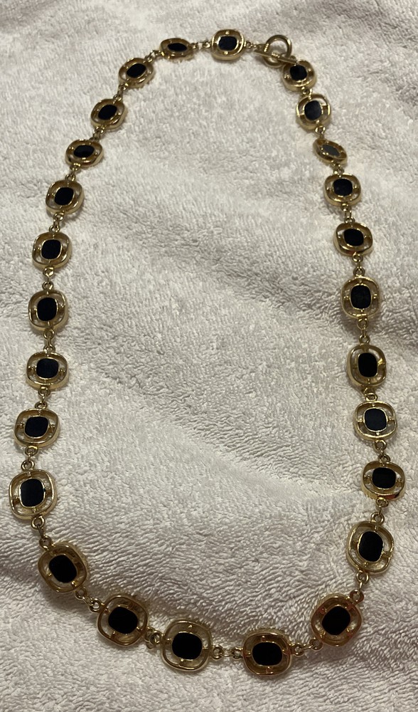 Vintage 80s 32in Heavy Gold Tone Square Link Necklace Black Enamel Toggle Clasp