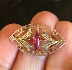 Antique Art Deco 10K Rose and Yellow Gold Glass/Paste Ruby Brooch