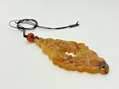 21st & Stone Carved Old Jade Carnelian Bead Leather Cord Silver Accents Necklace