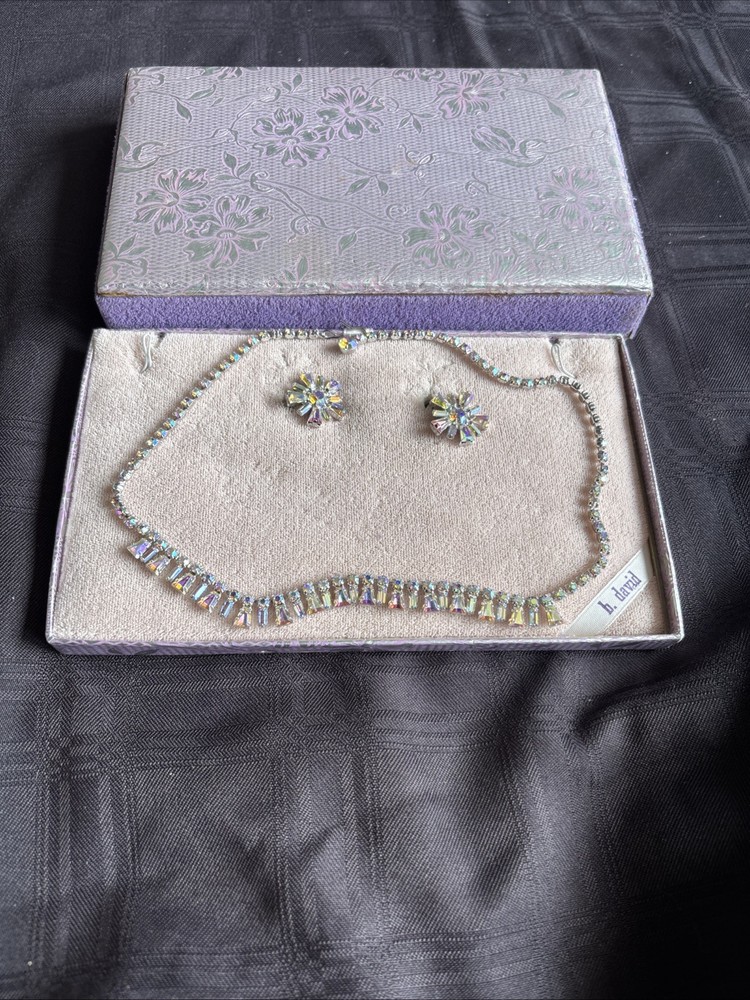 B David Jewelry Set Rhinestone NECKLACE EARRINGS Clip On Vintage Signed WITH BOX