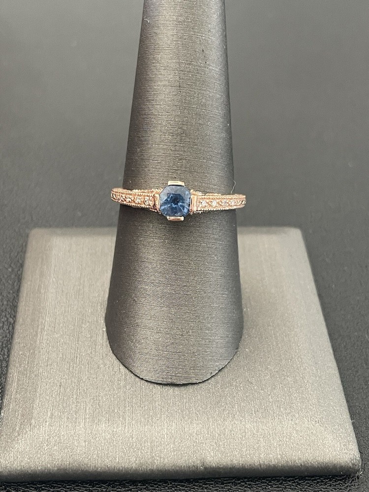14KT Rose Gold 0.66CT Blue Sapphire 0.12CTW Diamond Ring Size 8.25 (PB332)