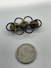 Antique Art Nouveau Red White & Blue Czech Glass Opaque Cabochon Brass Brooch