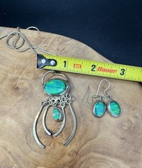VTG Sterling Silver CHOEN MEXICO Blue Fire Opal Inlay Necklace Pendant Earrings