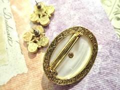 1928 Victorian Revival Mother of Pear & Lapis Blue Stone Pin & Earrings SET