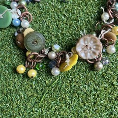 Vintage Button & Pearl Cluster Necklace Handmade Copper Boho Chic Jewelry