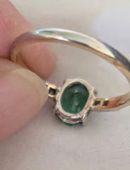 Vintage 14 k White Gold Ring w luminous green tourmaline and 4 Diamonds sz 8.75
