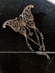 Vintage Butterfly Silver Tone Filigree Black Rhinestone Brooch Pin Marcasite