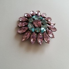 Vintage Pink and Blue Marquise Rhinestone Floral Brooch