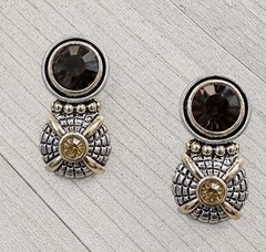 Vintage silver and gold tone clip earrings with Multi color Rhinestone 1”