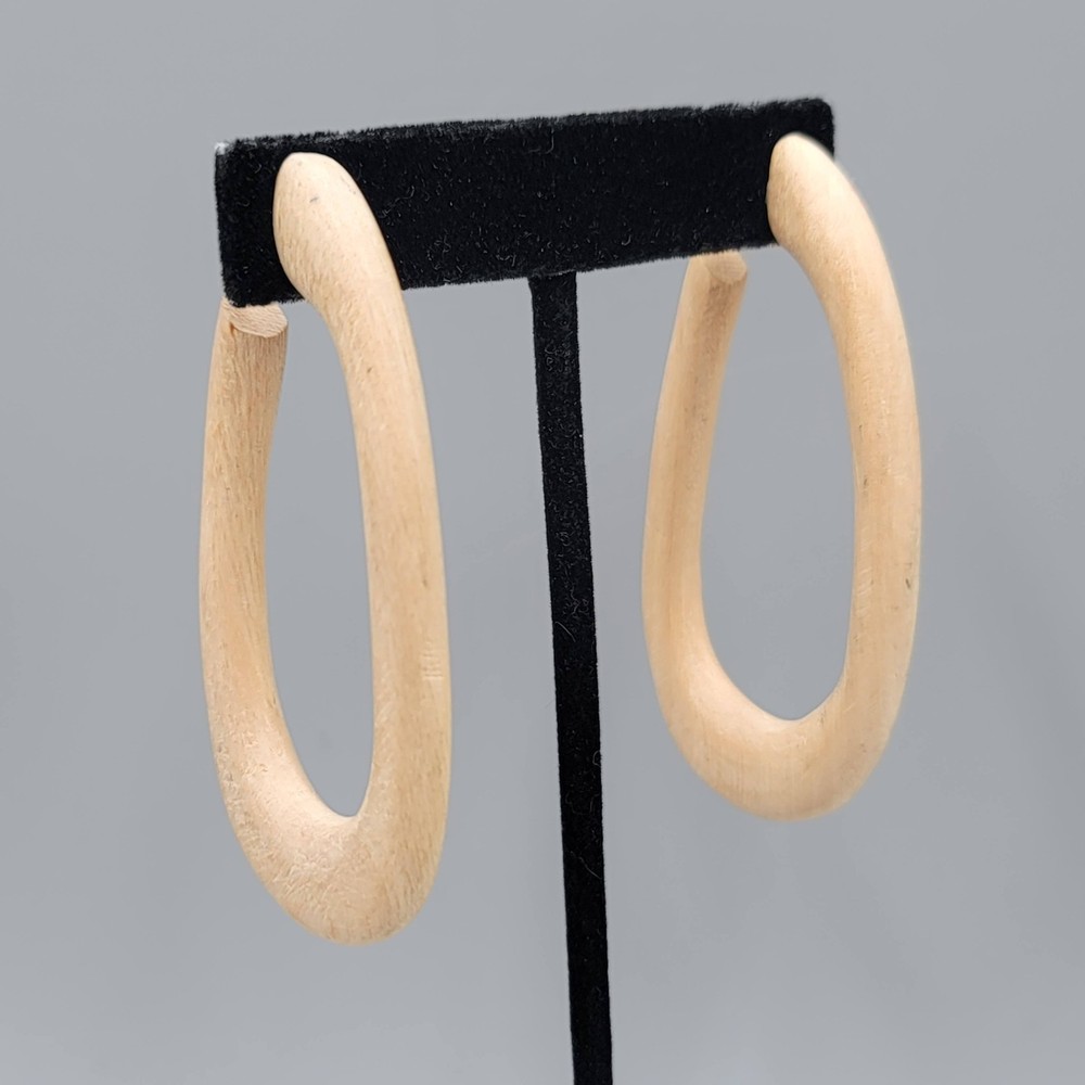 Vintage Long Wood Hoop Pierced Earrings Drop Hoops 3″