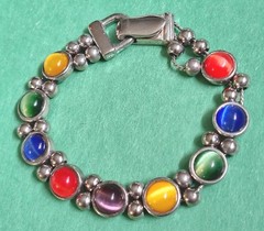 Vintage Colorful CAT’S EYE STONE Chain Magnetic Clasp Bracelet In Silver Tone