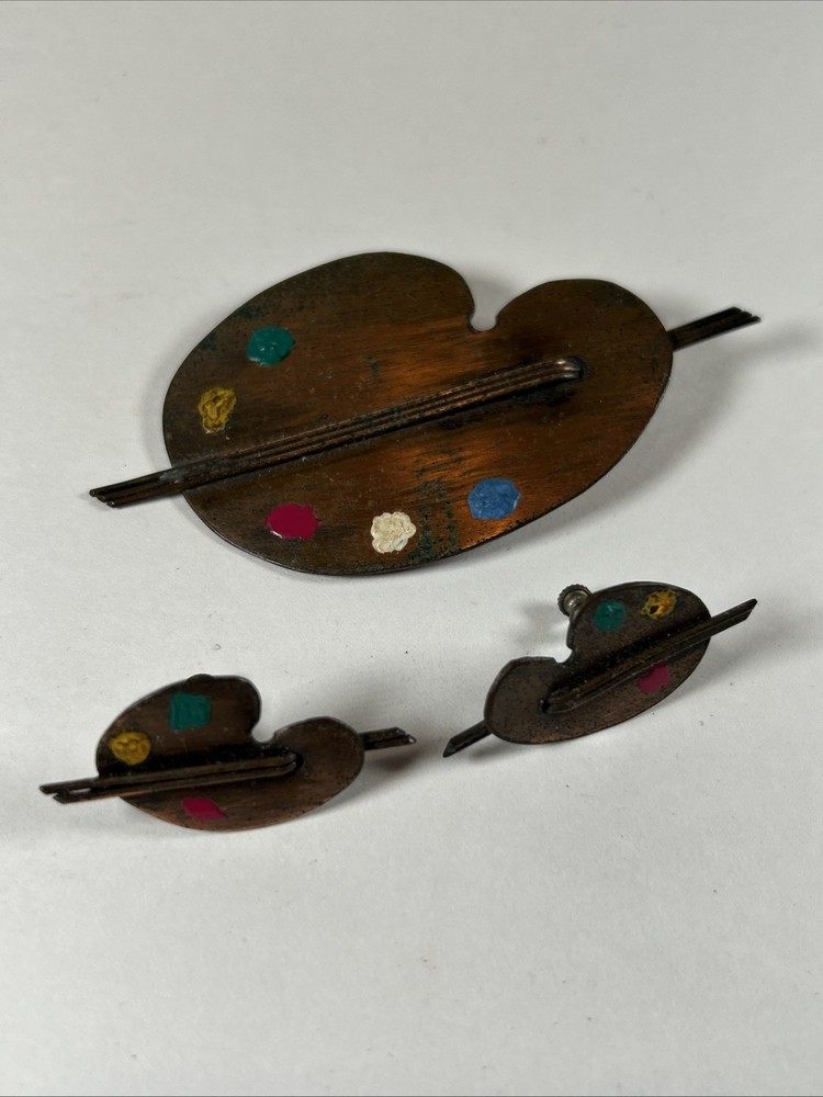 VINTAGE COPPER BROOCH & CLIP EARRINGS ARTIST PALETTE PAINT BRUSHES NICE