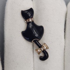 Vtg Black Cat Scatter Pin Tail Moves Brooch Gold Tone Rhinestone Bow Collar KC