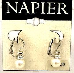 Vintage Napier .75″ Faux Pearl & Crystal Pierced Dangle Leverback Earrings