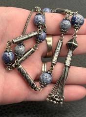 VTG Sterling Silver Tassel Blue Stone Niello Foxtail Chain Boho Necklace 26” 60g