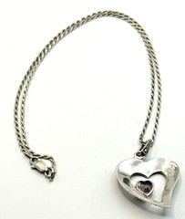 Sterling Silver Marcasite Double Heart Pink CZ Pendant and 16″ Rope Necklace