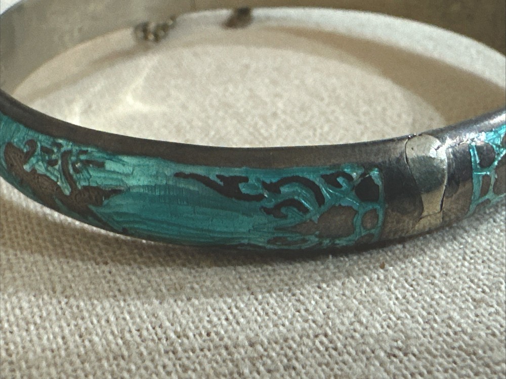 Vintage Siam Sterling Silver Bangel Bracelet Hinged Design Blue Enamel