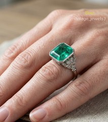 Real Green Emerald 4CT Asscher Cut Vintage Wedding Ring 14K White Gold Finish