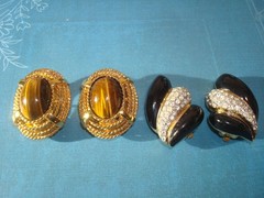 Vtg.St.JOHN LOT (2) EARRINGS OVAL TIGER’s EYE GOLD/T, BLACK ENAMEL RHINESTONES