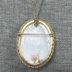 Vtg LARGE PORCELAIN PAINTED PINK FLOWER CAMEO BROOCH PENDANT NECKLACE GF 12-20