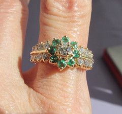 ANTIQUE BRISTOL 14K YELLOW GOLD TIERED EMERALD DIAMOND CLUSTER HALO RING