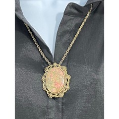 VTG Unakite Jasper Cabochon 2 in 1 Pendant Brooch Necklace Gold Tone Victorian