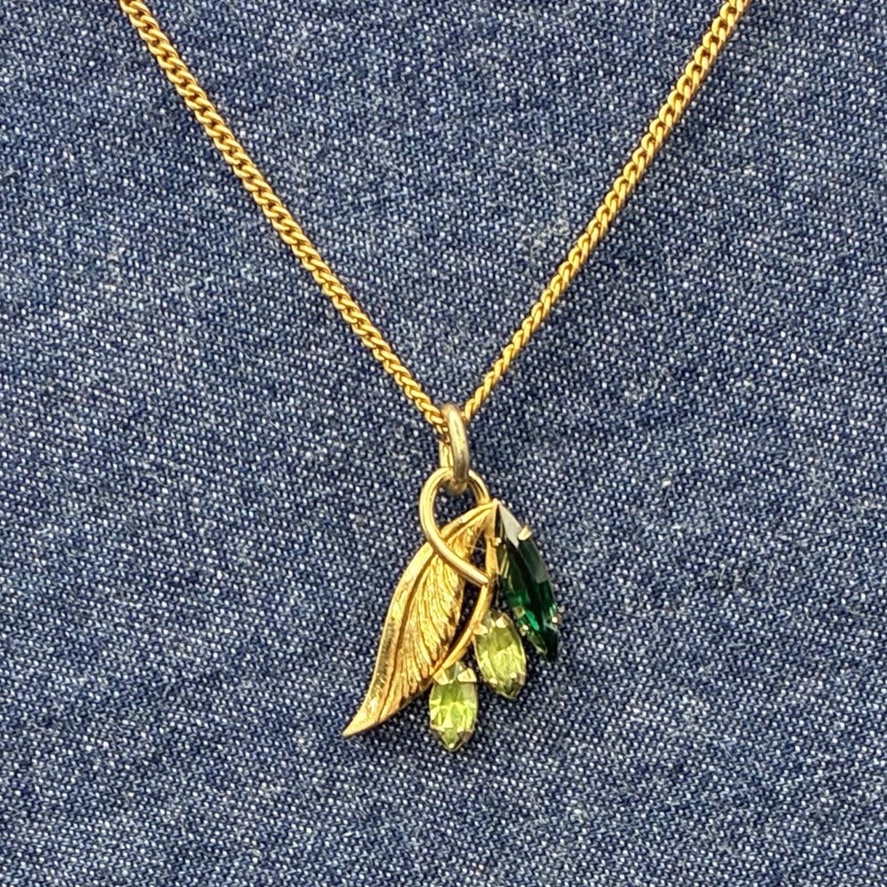 Pretty Vintage 12k Gold Filled Floral Leaf Pendant, Emerald-Glass, Peridot-Glass