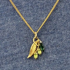 Pretty Vintage 12k Gold Filled Floral Leaf Pendant, Emerald-Glass, Peridot-Glass