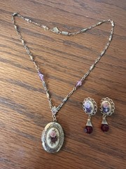 Vintage 1928 Brand Locket Necklace and Earrings Victorian Rose Gold Tone