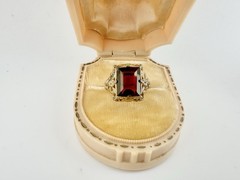 Antique Art Deco Signed Uncas Gold Tone Ring Red Paste Stone Sz5.5 Repair Read