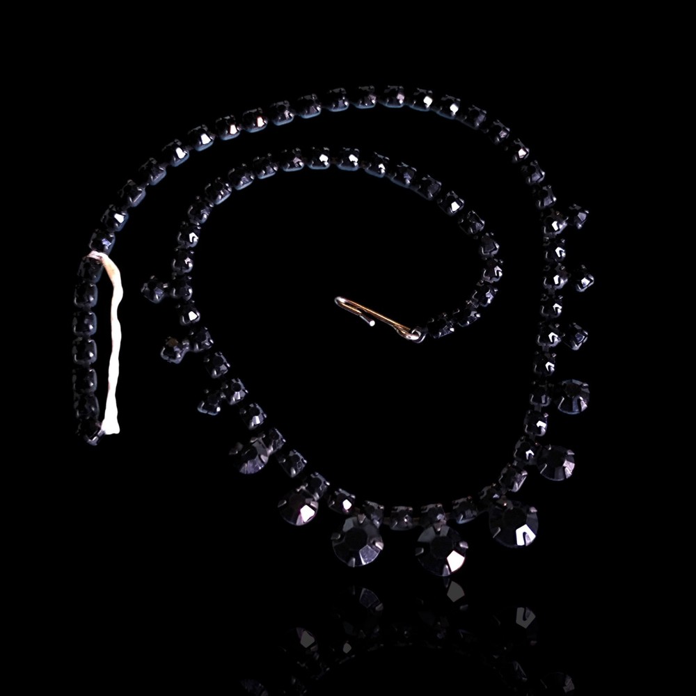 Vintage French Jet Black Glass Rhinestone Choker Necklace 16in