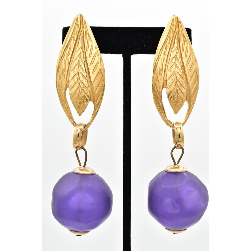 Vintage Chunky Leaf Clip On Earrings Brushed Gold Frosted Purple 80s 1980s BinBK