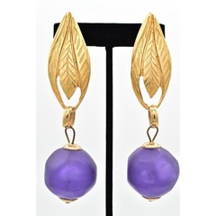 Vintage Chunky Leaf Clip On Earrings Brushed Gold Frosted Purple 80s 1980s BinBK
