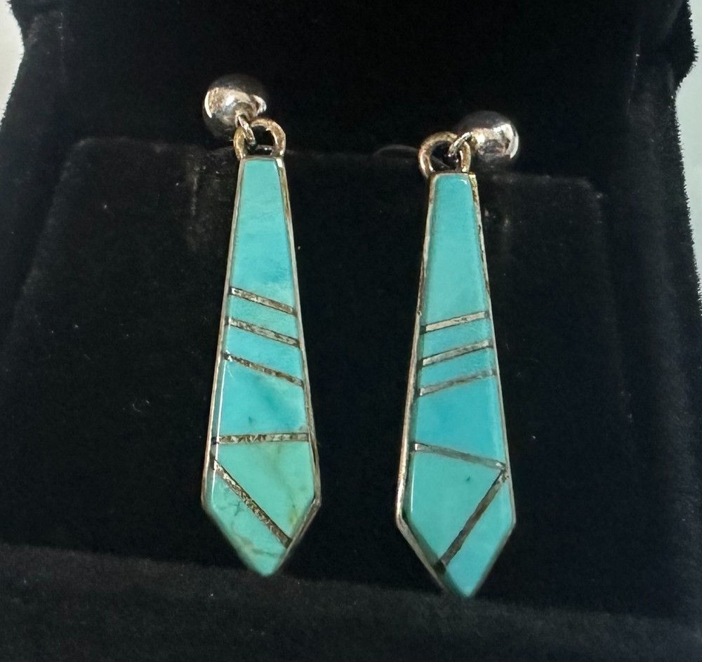 Calvin Begay Turquoise Inlay Dangle Earrings Native American Sterling Silver #8