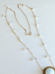 Beautiful Antique 14K GF Opalite Dangle Necklace w/Foil Button Pendant