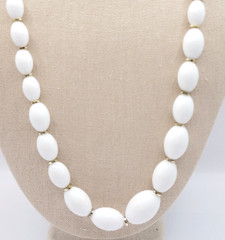 White w Gold Tone Graduated Acrylic Egg Shape Bead Professional Necklace 24 Inch